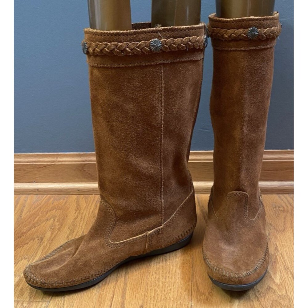 Minnetonka Brown Leather Suede Braided Studded Trim Mid Calf Boots Women 6